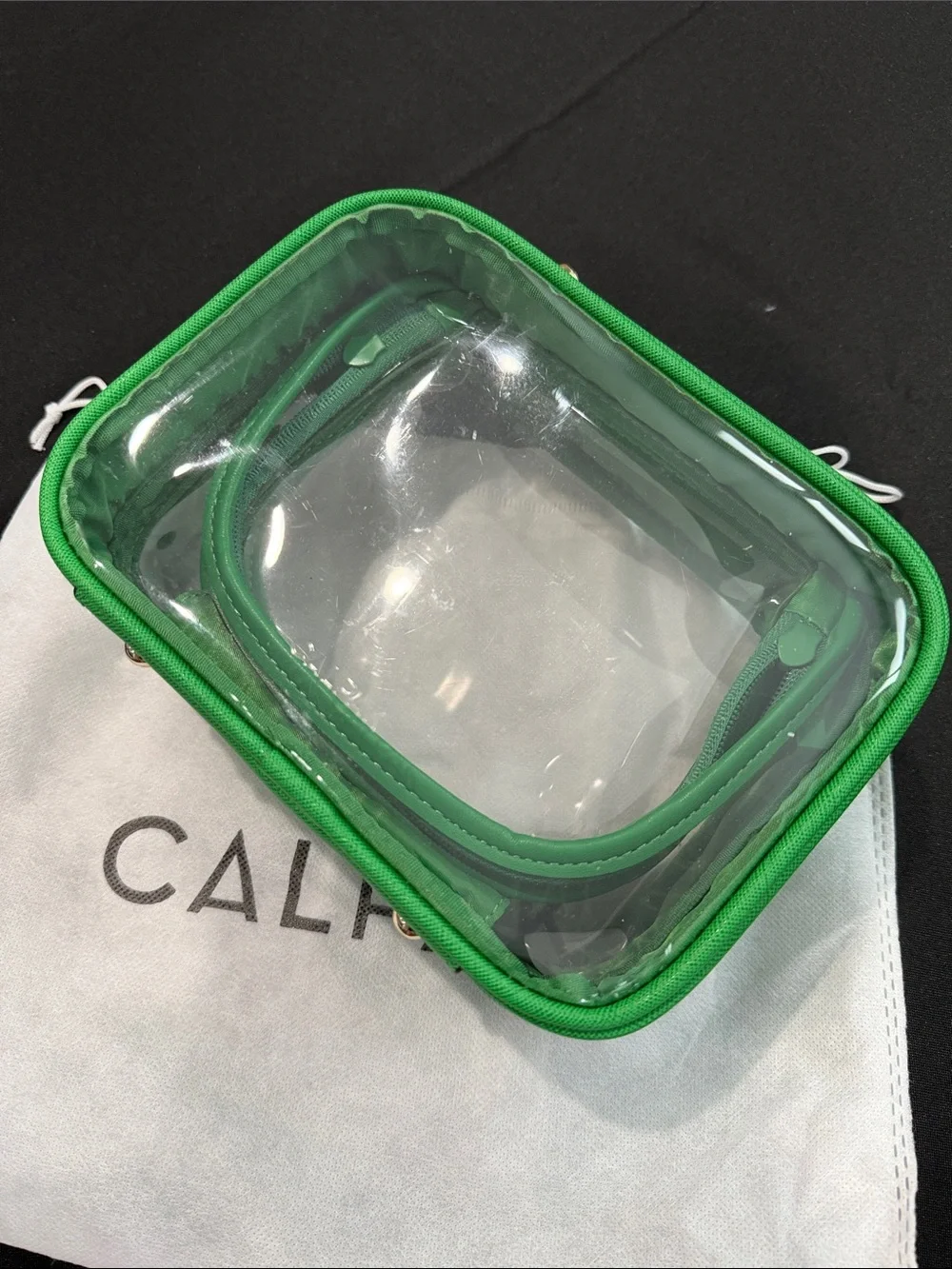 Small Calpak Clear Emerald Travel Pouch with Gold Hardware